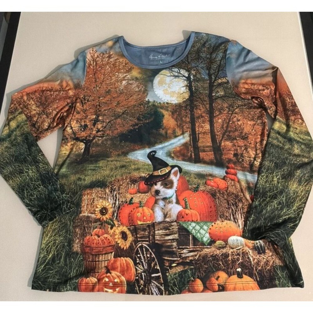 Sz Large Halloween Terrier Dog Pumpkins Sunflower long sleeve t-shirt